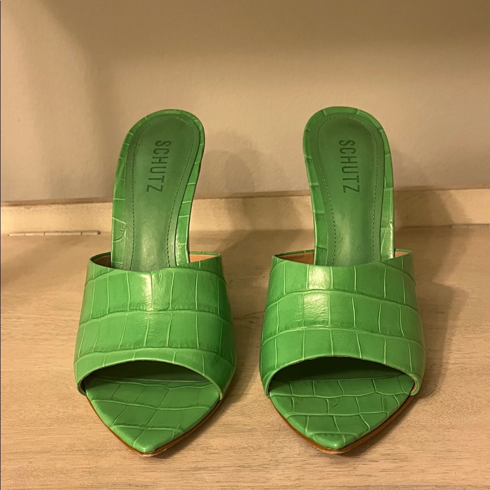 SCHUTZ Vibrant Green Croc-Embossed Mules